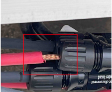 Connector with copper wire exposure that could lead to a thermal event.